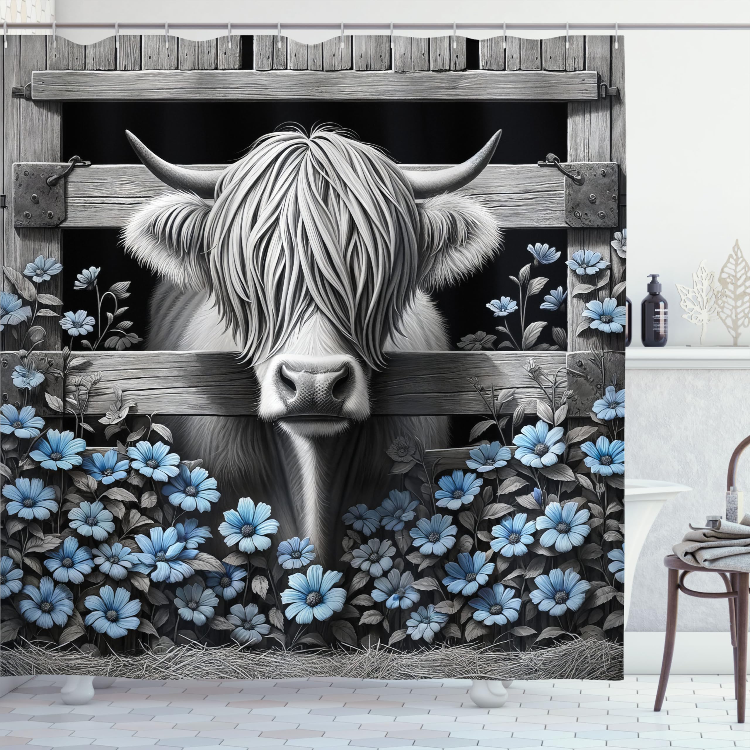 Ambesonne Rustic Shower Curtain, Monochrome Farmhouse Design Cow With Funny Hair Barn And Sky Toned Flowers, Cloth Fabric Bathro